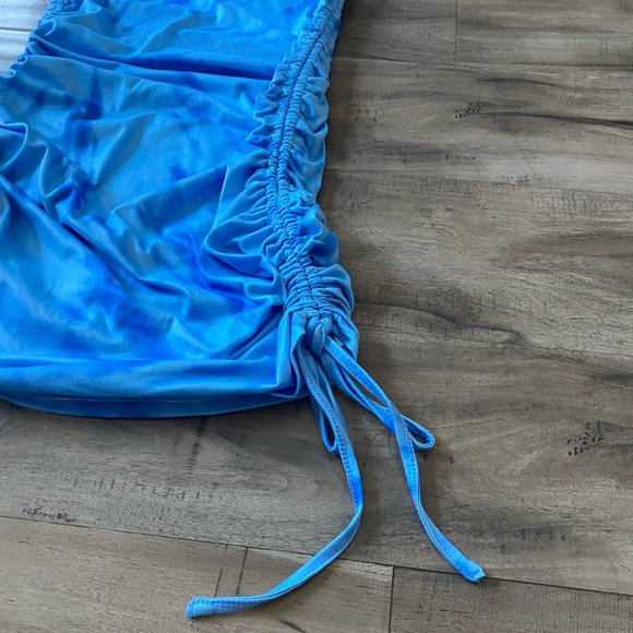 Tie Dye Baby Blue Aqua Bodycon Sexy Shirt Dress Mini Casual Short Sleeves - Picture 3 of 6